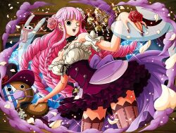 Rule 34 | 1girl, bare shoulders, breasts, chandelier, choker, female focus, flower, ghost, hat, large breasts, long hair, nail polish, official art, one eye closed, one piece, one piece treasure cruise, perona, pink hair, rose, solo, stuffed animal, stuffed toy, teddy bear, thighhighs, wink