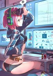Rule 34 | 10s, 1girl, adjusting goggles, ahoge, alternate costume, ass, bad id, bad pixiv id, breasts, butt crack, can, computer, computer tower, drawing tablet, enj!, fate/grand order, fate (series), goggles, google, google chrome, granblue fantasy, headphones, highres, hood, hooded track jacket, jacket, keyboard (computer), mash kyrielight, monitor, original, osu!, panties, pink hair, short hair, sitting, skype, solo, spoken squiggle, squiggle, stylus, sweatdrop, text focus, track jacket, underwear, vial, yellow eyes