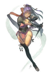 Rule 34 | 1girl, arm guards, blue eyes, breasts, bridal gauntlets, highres, holding, holding knife, holding weapon, homare (fool&#039;s art), japanese clothes, kimono, knife, kunai, legband, loincloth, medium breasts, ninja, open mouth, original, pelvic curtain, ponytail, purple hair, purple lips, red scarf, rope, sandals, scarf, short kimono, simple background, solo, stirrup legwear, tassel, thighhighs, toeless legwear, weapon, white background