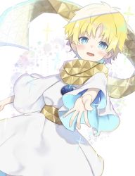 Rule 34 | 1boy, blonde hair, blue eyes, fate/requiem, fate (series), highres, male focus, outstretched hand, reaching, reaching towards viewer, robe, scarf, smile, solo, sparkle, totatokeke, voyager (fate), voyager (first ascension) (fate), white background, white robe, wide sleeves