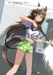 Rule 34 | 1girl, animal ears, blurry, blurry background, breasts, feet out of frame, gaze on me! outfit (umamusume), green eyes, green male swimwear, green swim trunks, hair ornament, hairclip, halterneck, hat, horse ears, horse girl, horse tail, looking at viewer, male swimwear, midriff, mini hat, mini top hat, misu kasumi, mr. c.b. (umamusume), navel, open mouth, pressure washer, print male swimwear, print swim trunks, print swimsuit, scrunchie, shirt, short sleeves, small breasts, smile, solo, standing, swim trunks, swimsuit, tail, teeth, tied shirt, top hat, translation request, umamusume, water, white shirt, wrist scrunchie
