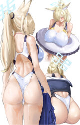 Rule 34 | 1girl, absurdres, animal ear fluff, animal ears, ass, back, back cutout, blonde hair, blue archive, blue halo, blue jacket, blush, breasts, cleavage, clenched teeth, closed eyes, clothing cutout, collarbone, competition swimsuit, covered erect nipples, dog ears, extra ears, from behind, hair over one eye, halo, highleg, highleg one-piece swimsuit, highres, holding, holding unworn clothes, holding jacket, holding unworn clothes, huge breasts, jacket, kanna (blue archive), kanna (swimsuit) (blue archive), long hair, looking at viewer, looking back, median furrow, multiple views, notched ear, off shoulder, official alternate costume, one-piece swimsuit, ponytail, sharp teeth, simple background, slug 1356, swimsuit, teeth, thigh gap, thighs, wet, white innertube, white one-piece swimsuit