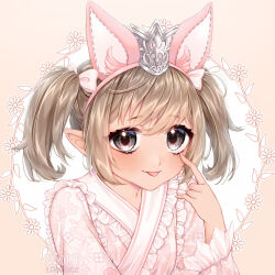 Rule 34 | 1girl, :p, akanbe, animal ear fluff, animal ear hairband, animal ears, artist name, black eyes, bow, brown background, brown hair, cherry blossom print, circle, closed mouth, commentary, commission, dark-skinned female, dark skin, eloru, english commentary, eyelashes, eyelid pull, fake animal ears, finger to eye, fingernails, floral background, floral print, fox ears, frilled kimono, frilled sleeves, frills, hair bow, hairband, highres, japanese clothes, kimono, long sleeves, looking at viewer, original, pink bow, pink hairband, pink kimono, pink sleeves, ribbon trim, short hair, short twintails, smile, solo, tongue, tongue out, twintails, upper body, watermark, wide sleeves