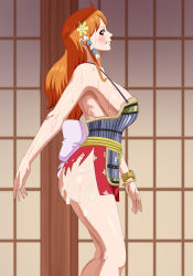 Rule 34 | 1girl, aftersex, alternate costume, armor, breastplate, breasts, cleavage, corset, cum, cum overflow, curvy, dress, earrings, embarrassed, hair ornament, highres, huge breasts, japanese clothes, jewelry, kimono, large breasts, long hair, looking back, nami (one piece), nami (one piece) (wano), obi, official alternate costume, one piece, orange eyes, orange hair, pinkpawg, red dress, red kimono, sash, shiny skin, very long hair, wide hips