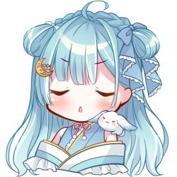 Rule 34 | 1girl, ahoge, amaui, animal, animal on shoulder, blue bow, blue hair, blue kimono, blunt bangs, blush, bow, braid, closed eyes, commentary request, crescent, crescent hair ornament, crown braid, frilled kimono, frills, hair bow, hair ornament, japanese clothes, kimono, long hair, medium bangs, multicolored hair, nanashi inc., neck ribbon, off shoulder, open mouth, pink ribbon, rabbit, ribbon, simple background, solo, transparent background, two-tone hair, upper body, usaba (usabara c), virtual youtuber, white bow, white hair
