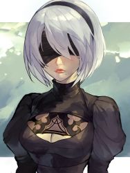 Rule 34 | 1girl, blindfold, breasts, cleavage, cleavage cutout, clothing cutout, green background, hair between eyes, hairband, highres, juliet sleeves, long sleeves, mole, mole under mouth, nier (series), nier:automata, oni gini, puffy sleeves, red lips, shaded face, short hair, solo, turtleneck, upper body, white hair, 2b (nier:automata)