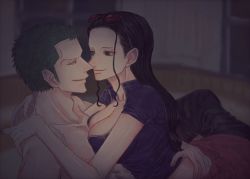 Rule 34 | 1boy, 1girl, arms around head, black hair, breast rest, breasts, breasts on head, cleavage, green hair, heart, long hair, nico robin, one piece, roronoa zoro, sketch, smile, tagme