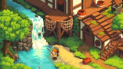 Rule 34 | 1girl, commentary, english commentary, fishing, green eyes, jmw327, lowres, orange hair, original, pixel art, plant, scenery, solo, toolbox, tree, water, waterfall