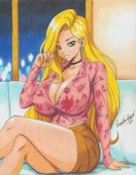 Rule 34 | 1girl, 2023, absurdres, arm up, artist name, black choker, blonde hair, breasts, brown skirt, buttons, choker, cleavage, collarbone, couch, cropped jacket, crossed legs, earrings, female focus, green eyes, grin, highres, huge breasts, indoors, jewelry, large breasts, long hair, manon rossi (ravernclouk design), mature female, midriff peek, night, original, partially unbuttoned, ravernclouk design, sitting, skirt, smile, solo, traditional media, underwear, very long hair, window