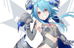 Rule 34 | 1girl, bare shoulders, blue hair, buran buta, clenched hand, elbow gloves, gloves, grin, highres, looking at viewer, midriff, nepnep connect: chaos chanpuru, neptune (series), power symbol, power symbol-shaped pupils, red eyes, short hair with long locks, smile, solo, symbol-shaped pupils, tattoo, unfinished, white heart (chaos form)