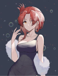 Rule 34 | 1girl, bad id, bad pixiv id, bare shoulders, black dress, breasts, cleavage, closed mouth, dress, earrings, forehead, fur trim, grey background, honkai (series), honkai impact 3rd, jewelry, looking at viewer, mole, mole on breast, murata himeko, red hair, robot 1365, simple background, single earring, sleeveless, sleeveless dress, smile, solo, yellow eyes