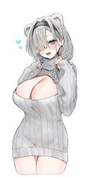 Rule 34 | 1girl, alternate costume, animal ears, arknights, aurora (arknights), bear ears, bear girl, black hairband, blue eyes, blush, breasts, cleavage cutout, closed mouth, clothing cutout, commentary, extra ears, grey hair, grey sweater, hair behind ear, hair intakes, hair over one eye, hairband, hands up, highres, horn/wood, large breasts, long sleeves, looking at viewer, medium hair, open mouth, parted bangs, puffy long sleeves, puffy sleeves, ribbed sweater, simple background, sleeves past wrists, smile, solo, sweater, teeth, thick thighs, thighs, white background
