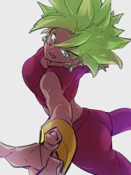 Rule 34 | 1girl, aqua eyes, arm at side, ass, back, bare arms, blue eyes, bracelet, breasts, crop top, cropped legs, dragon ball, dragon ball super, dynamic pose, earrings, eyelashes, fingernails, floating, foreshortening, from above, from side, fusion, green hair, grey background, imminent punch, jewelry, kefla (dragon ball), kemachiku, leggings, legs apart, looking to the side, medium hair, messy hair, open hand, open mouth, pants, pink crop top, pink pants, potara earrings, simple background, solo, spiked hair, sportswear, super saiyan, teeth