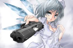 Rule 34 | 1girl, aiming, aiming at viewer, bad id, bad pixiv id, blue eyes, blue hair, breasts, cirno, cleavage, fairy, finger on trigger, foreshortening, gun, handgun, holding, holding gun, holding weapon, ice, ice wings, koh (minagi kou), matching hair/eyes, medium breasts, open clothes, open shirt, p99, pistol, shirt, solo, touhou, walther, walther p99, weapon, wings