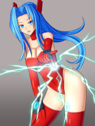 Rule 34 | 1girl, alternate costume, artist request, blue eyes, blue hair, breasts, chris ryan, cleavage, elbow gloves, electricity, gloves, grey background, highleg, highleg leotard, leaning, leaning forward, leotard, long hair, looking at viewer, open mouth, parted lips, ponytail, psychic force, shiny skin, simple background, smile, solo, taito, very long hair