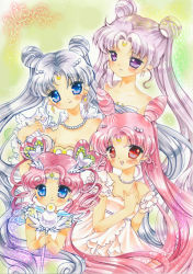 Rule 34 | 1990s (style), 4girls, bad id, bad pixiv id, bare shoulders, bishoujo senshi sailor moon, bishoujo senshi sailor moon (first season), bishoujo senshi sailor moon sailor stars, bishoujo senshi sailor moon stars, blue eyes, blush, chibi chibi, chibi usa, cone hair bun, crescent, crescent facial mark, dress, drill hair, earrings, facial mark, forehead mark, hair bun, hair ornament, hairpin, heart, heart hair bun, heart hair ornament, jewelry, koyoshi usagi, long hair, multiple girls, necklace, pink hair, princess serenity, queen serenity, red eyes, retro artstyle, sailor cosmos, shoukichi usagi, small lady serenity, smile, star (symbol), star facial mark, strapless, strapless dress, tsukino usagi, twin drills, twintails, wand, white hair