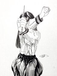 Rule 34 | 1girl, akebi-chan no serafuku, akebi komichi, bow, clenched hands, covered face, fingernails, greyscale, highres, hiro (dismaless), large bow, long hair, monochrome, neckerchief, nib pen (object), outstretched arms, pen, roubai academy school uniform (old), school uniform, serafuku, signature, sitting, skirt, solo, traditional media, white background