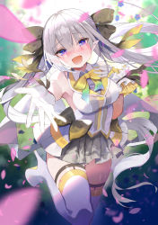 Rule 34 | :d, absurdres, armpits, bare shoulders, blouse, blurry, blush, boots, bow, bowtie, breasts, confetti, cowboy shot, crying, depth of field, elf, eyelashes, gloves, grey hair, hair bow, hand on own chest, head tilt, highres, idol, idol clothes, knee up, large breasts, leg up, legwear garter, long hair, miniskirt, novel illustration, official art, open mouth, ore no produce shita elf idol ga kawaisugite isekai sukuwareru level, petals, pleated skirt, pointy ears, purple eyes, reaching, reaching towards viewer, shirt, skindentation, skirt, smile, solo, standing, standing on one leg, tears, textless version, thigh boots, thighhighs, twintails, very long hair, white footwear, white gloves, white shirt, white thighhighs, wing collar, wrist cuffs, yellow bow, yellow bowtie