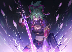 Rule 34 | 1girl, black background, black gloves, black shirt, black shorts, black thighhighs, cropped jacket, electricity, electrokinesis, fingerless gloves, genshin impact, gloves, green hair, highres, holding, holding sword, holding weapon, jacket, kgynh, kuki shinobu, long sleeves, looking ahead, looking at viewer, midriff, navel, open clothes, open jacket, purple eyes, purple jacket, shirt, short shorts, shorts, solo, sword, thighhighs, weapon