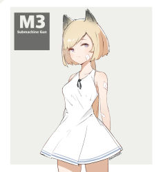 Rule 34 | 1girl, animal ears, arms behind back, bandaid, bandaid on arm, bandaid on face, blonde hair, breasts, character name, commentary, cowboy shot, dress, girls&#039; frontline, grey background, highres, kemonomimi mode, long hair, looking at viewer, m3 (girls&#039; frontline), medium breasts, nauwa, ponytail, purple eyes, smile, solo, twitter username, white dress