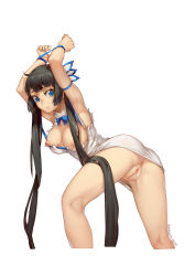Rule 34 | 10s, 1girl, anus, arms up, ass, bad id, bad pixiv id, bdsm, black hair, blue eyes, blue ribbon, bondage, bound, bound arms, breasts, censored, covered erect nipples, dress, dungeon ni deai wo motomeru no wa machigatteiru darou ka, female focus, gloves, heiyz, hestia (danmachi), highres, large breasts, long hair, nipples, no panties, pointless censoring, pussy, rei no himo, ribbon, solo, twintails, white dress, white gloves