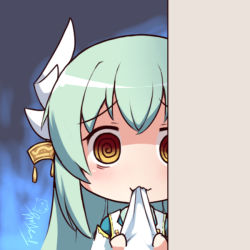 Rule 34 | 1girl, @ @, blue hair, fate/grand order, fate (series), horn ornament, horns, japanese clothes, kimono, kiyohime (fate), langbazi, long hair, looking at viewer, mouth hold, peeking out, signature, solo, yellow eyes