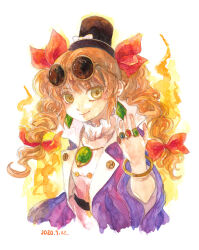 Rule 34 | 1girl, bangle, blonde hair, bow, bracelet, coat, dated, dress, drill hair, eyewear on head, hair bow, hat, hat bow, jewelry, long hair, looking at viewer, mini hat, mini top hat, painting (medium), pendant, purple coat, red bow, ring, round eyewear, shiroma (mamiko), smile, solo, sunglasses, top hat, touhou, traditional media, twin drills, watercolor (medium), white dress, yellow eyes, yorigami jo&#039;on