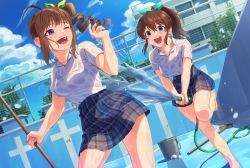 Rule 34 | 2girls, :d, ;d, ahoge, barefoot, blue eyes, blue skirt, blue sky, bralines, broom, brown hair, bucket, cloud, cloudy sky, commentary, day, dress shirt, drill hair, dutch angle, empty pool, fence, green ribbon, hair ribbon, half-closed eye, holding, holding broom, holding hose, hose, idolmaster, idolmaster million live!, kamille (vcx68), leaning forward, leg up, looking at another, looking back, medium hair, miniskirt, multiple girls, one eye closed, open mouth, outdoors, plaid, plaid skirt, pleated skirt, ponytail, pool, ribbon, running, satake minako, school, school uniform, shirt, short sleeves, side drill, side ponytail, skirt, sky, smile, spraying, standing, standing on one leg, water, wet, wet clothes, wet shirt, white shirt, yokoyama nao
