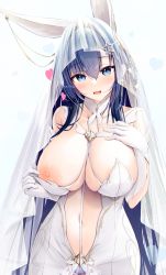 Rule 34 | 1girl, animal ears, azur lane, between breasts, blue eyes, blue hair, breasts, bridal veil, cleavage, clothes pull, clothing cutout, commentary request, dress, dress pull, hand on own chest, happy, headdress, heart, highres, hukairi botan, large breasts, looking at viewer, navel, navel cutout, new jersey (azur lane), new jersey (snow-white ceremony) (azur lane), nipples, official alternate costume, rabbit ears, solo, veil, wedding dress
