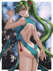 Rule 34 | 1girl, alternate costume, ass, backless outfit, bare shoulders, butt crack, changpao, china dress, chinese clothes, dress, fire emblem, fire emblem: the blazing blade, flower, green eyes, green hair, grin, long hair, looking at viewer, looking back, lyn (fire emblem), nintendo, paid reward available, pelvic curtain, ponytail, revealing clothes, side slit, sleeveless, smile, solo, very long hair, watermark, web address, wei (promise 0820)