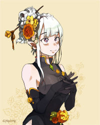 10s 1girl absurdres bangsutur bare_shoulders beige_background black_gloves breasts closed_mouth dress earrings elbow_gloves elf emilia_(re:zero) female_focus floral_background flower gloves hair_flower hair_ornament hair_up hairpin highres jewelry looking_away medium_breasts own_hands_clasped own_hands_together pointy_ears purple_eyes re:zero_kara_hajimeru_isekai_seikatsu silver_hair sleeveless sleeveless_dress smile solo steepled_fingers