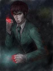 Rule 34 | 1boy, black hair, clenched hands, fate/stay night, fate (series), fighting stance, fire, formal, highres, kuzuki souichirou, male focus, necktie, solo, suit, taka (takahirokun)