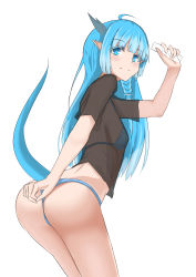 Rule 34 | 1girl, absurdres, artist request, ass, blue eyes, blue hair, breasts, dragon girl, dragon horns, dragon tail, from behind, highres, horns, king&#039;s raid, lilia (king&#039;s raid), long hair, looking at viewer, panties, pointy ears, see-through, shiny skin, shirt, sideboob, small breasts, smile, solo, tail, underwear