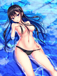 Rule 34 | 1girl, black hair, black panties, blue ribbon, blush, brown eyes, covered erect nipples, from above, hair censor, hand on own chest, highres, kurokami (kurokaminohito), long hair, looking at viewer, navel, open mouth, original, panties, panty pull, partially submerged, reflection, ribbon, ribbon panties, shiny skin, solo, topless, underwear, underwear only, water, wet