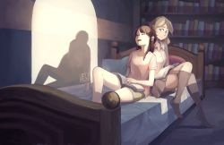 Rule 34 | 2girls, absurdres, artist request, bed, book, brown hair, couple, diana cavendish, happy, highres, kagari atsuko, little witch academia, looking at another, multicolored hair, multiple girls, night, shadow, shorts, sitting, skirt, sleeping, smile, socks, yuri