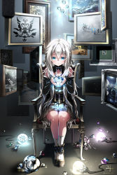 Rule 34 | 1girl, :o, blue eyes, bug, butterfly, chair, commentary request, cup, detached sleeves, grey hair, highres, holding, holding cup, insect, long hair, looking at viewer, marble (toy), original, painting (object), postage stamp, shikinoakari, sitting, skirt, solo, tomoshibi no majo, witch