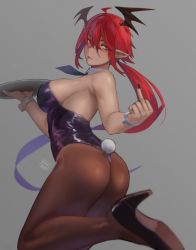 Rule 34 | 1girl, ahoge, ass, black footwear, black leotard, black nails, black necktie, breasts, brown pantyhose, demon girl, detached collar, disgust, fake tail, fingernails, grey background, head wings, high heels, highres, hunyan, large breasts, leotard, long hair, looking at viewer, low ponytail, middle finger, nail polish, necktie, original, pantyhose, playboy bunny, pointy ears, rabbit tail, red eyes, red hair, short necktie, sideboob, solo, strapless, strapless leotard, tail, tray, turning head, twisted torso, very long hair, walking away, wings, wrist cuffs