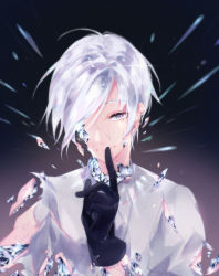 Rule 34 | androgynous, antarcticite, bad id, bad pixiv id, breaking, broken, crack, finger to mouth, gem, gender request, gloves, hair over one eye, houseki no kuni, looking at viewer, morino itsuki, short hair, smile, solo, upper body, white eyes, white hair