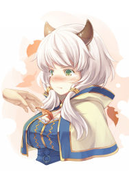 Rule 34 | 10s, 1girl, :t, bad id, bad pixiv id, between breasts, blush, breasts, capelet, cleavage, dengliziti, draph, granblue fantasy, green eyes, hood, hood down, horns, kumuyu, large breasts, long hair, low twintails, nose blush, solo, solo focus, twintails, white hair