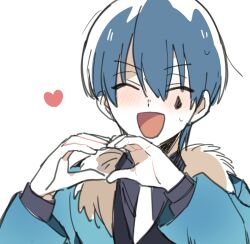 Rule 34 | 1boy, black vest, blue hair, blue jacket, blush, closed eyes, collared shirt, colored skin, commentary request, employee (project moon), fur-trimmed jacket, fur trim, hair between eyes, heart, heart hands, jacket, lobotomy corporation, long sleeves, male focus, medu (rubish), necktie, open clothes, open jacket, open mouth, project moon, purple shirt, shirt, short hair, simple background, smile, sweat, vest, white background, white necktie, white skin