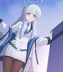 Rule 34 | 1girl, arm support, black pantyhose, blazer, blue archive, blunt bangs, coat, collared shirt, commentary, eko, grey hair, halo, headgear, highres, jacket, long hair, long sleeves, looking at viewer, mechanical halo, necktie, noa (blue archive), pantyhose, pleated skirt, purple eyes, school uniform, shirt, sidelocks, simple background, skirt, smile, solo, standing, white coat, white skirt