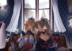 Rule 34 | 236p, 2girls, azur lane, black choker, black gloves, black jacket, bouquet, breasts, broken glass, brown hair, choker, corset, couch, cross-laced clothes, detached sleeves, earrings, epaulettes, flower, french flag, glass, gloves, gun, half gloves, holding, holding flower, holding vase, hole in wall, indoors, jacket, jean bart (azur lane), jewelry, juliet sleeves, long hair, long sleeves, looking at viewer, manjuu (azur lane), medium breasts, multiple girls, o-ring, o-ring choker, orange hair, ponytail, puffy sleeves, purple eyes, red corset, red flower, red rose, richelieu (azur lane), rifle, rose, ruins, sitting, sleeping, striped sleeves, upper body, weapon, white curtains, white flower, window