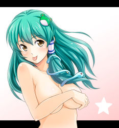 Rule 34 | 1girl, :p, aqua hair, breast hold, breast press, breasts, brown eyes, covering privates, female focus, hair ornament, kochiya sanae, large breasts, letterboxed, nude, nude cover, solo, star (symbol), tomokichi, tongue, tongue out, touhou
