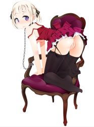 Rule 34 | 1girl, all fours, ass, bad id, bad pixiv id, black thighhighs, blonde hair, blush, breasts, chain, chained, chair, collar, female focus, garter straps, kazuha nanako, leash, looking at viewer, nanako (artist), nipples, original, panties, purple eyes, pussy, short hair, short twintails, simple background, skirt, socks, solo, striped clothes, striped socks, striped thighhighs, thighhighs, twintails, uncensored, underwear, upskirt, white background