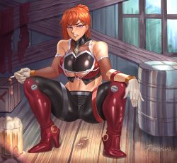 Rule 34 | 1girl, absurdres, breasts, cigarette, highres, kamimura maika, large breasts, pershiva, red hair, solo, squatting, taimanin (series)