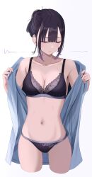 Rule 34 | 1girl, bare shoulders, blush, bra, breasts, cleavage, closed mouth, highres, inaka 44, long hair, long sleeves, looking at viewer, navel, original, panties, shirt, short hair, simple background, solo, thighs, underwear, white background