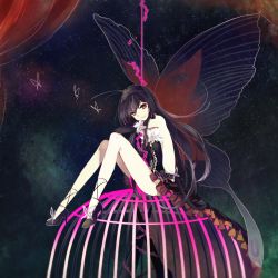Rule 34 | 10s, 1girl, accel world, antenna hair, bare shoulders, black hair, bug, butterfly, butterfly wings, cage, dress, elbow gloves, frills, gloves, insect, insect wings, kuroyukihime, long hair, long legs, looking at viewer, noritamako, orange eyes, sitting, solo, wings