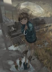 Rule 34 | 1girl, black hair, braid, disembodied hand, double v, grass, highres, holding, holding umbrella, leaning forward, loafers, looking at viewer, low twin braids, original, outdoors, pleated skirt, puddle, reflection, shoes, skirt, tensen (dotted line), twin braids, umbrella, v