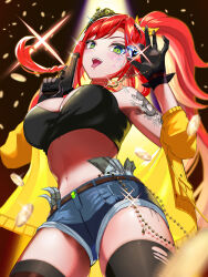 Rule 34 | 1girl, absurdres, arm tattoo, black gloves, black tank top, black thighhighs, breasts, coin, commission, crop top, denim, denim shorts, diamond (gemstone), elly (vtuber), gem, gloves, green eyes, gun, hair ribbon, highres, holding, holding gem, holding gun, holding weapon, indie virtual youtuber, jacket, jewelry, large breasts, long hair, money, navel, necklace, off shoulder, price tag, red gemstone, red hair, ribbon, shorts, skeb commission, tank top, tattoo, thighhighs, tiara, tongue, tongue out, torn clothes, torn thighhighs, tucked money, virtual youtuber, weapon, yellow jacket, yellow ribbon, yuarima2