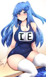 Rule 34 | 1girl, arm support, bad id, bad pixiv id, bare arms, bare shoulders, blue eyes, blue hair, blue theme, blush, breasts, collarbone, curvy, half-closed eyes, highres, hinghoi, internet explorer, internet explorer (merryweather), internet explorer (webcomic), large breasts, long hair, looking at viewer, one-piece swimsuit, one side up, original, personification, pool, product girl, school swimsuit, shiny skin, sitting, smile, soaking feet, solo, swimsuit, thighhighs, thighs, water, white background, white thighhighs, zettai ryouiki